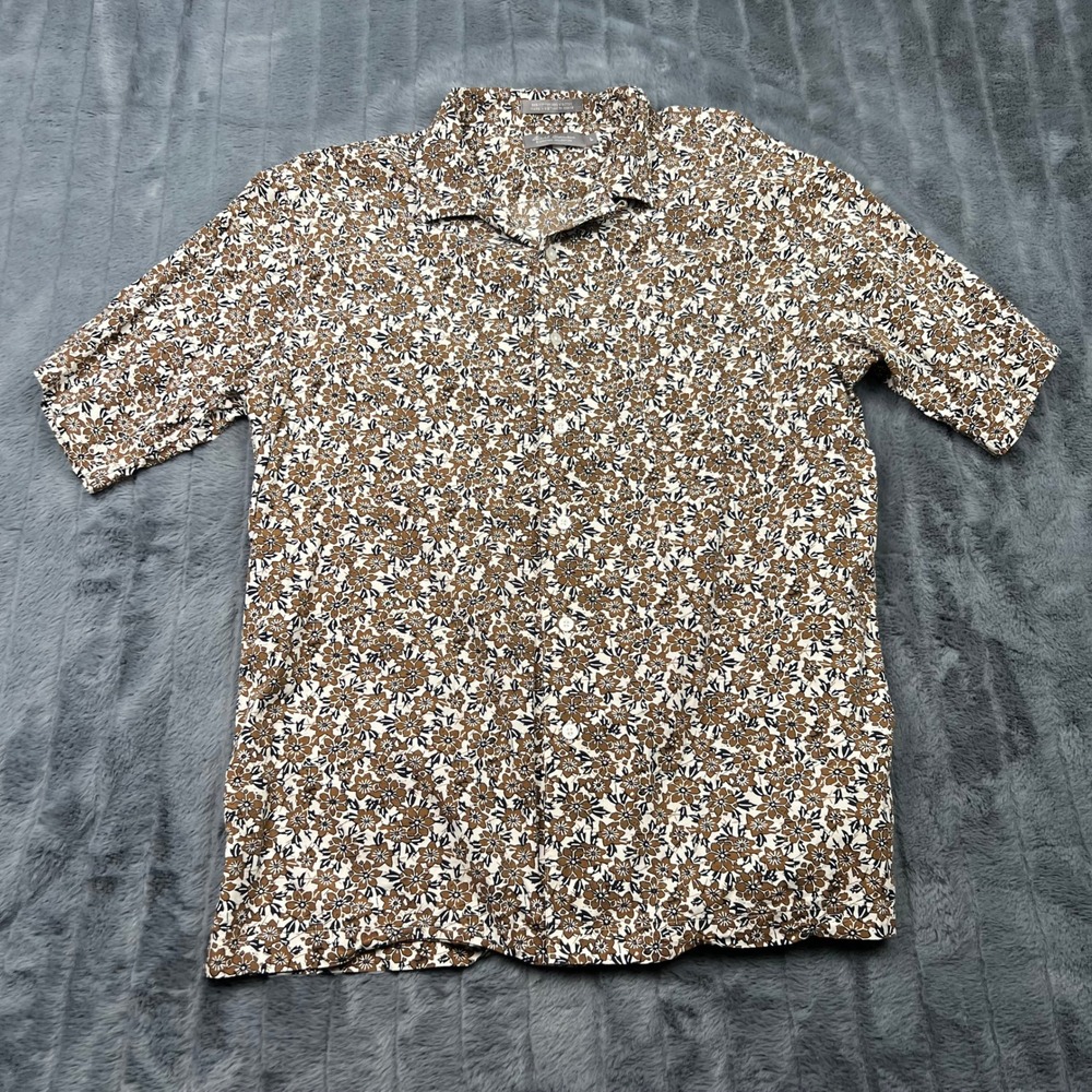 Daniel Cremieux Signature Floral Shirt Mens Large Brown Navy Short Sleeve Cotton